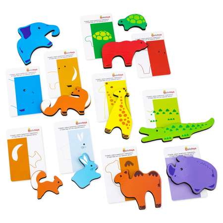 Развивающий набор Силуэты Alatoys 10 фигурок животных 32 карточки с заданиями
