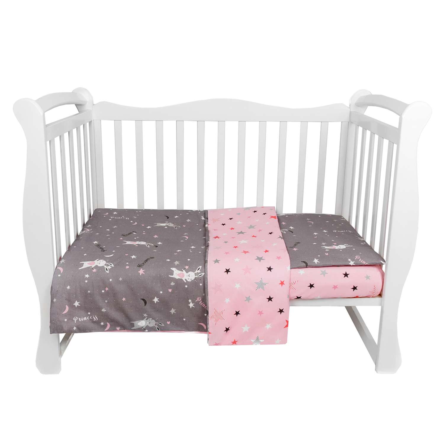 Комплект в кроватку AmaroBaby 3 предмета BABY BOOM Princess серый розовый - фото 1
