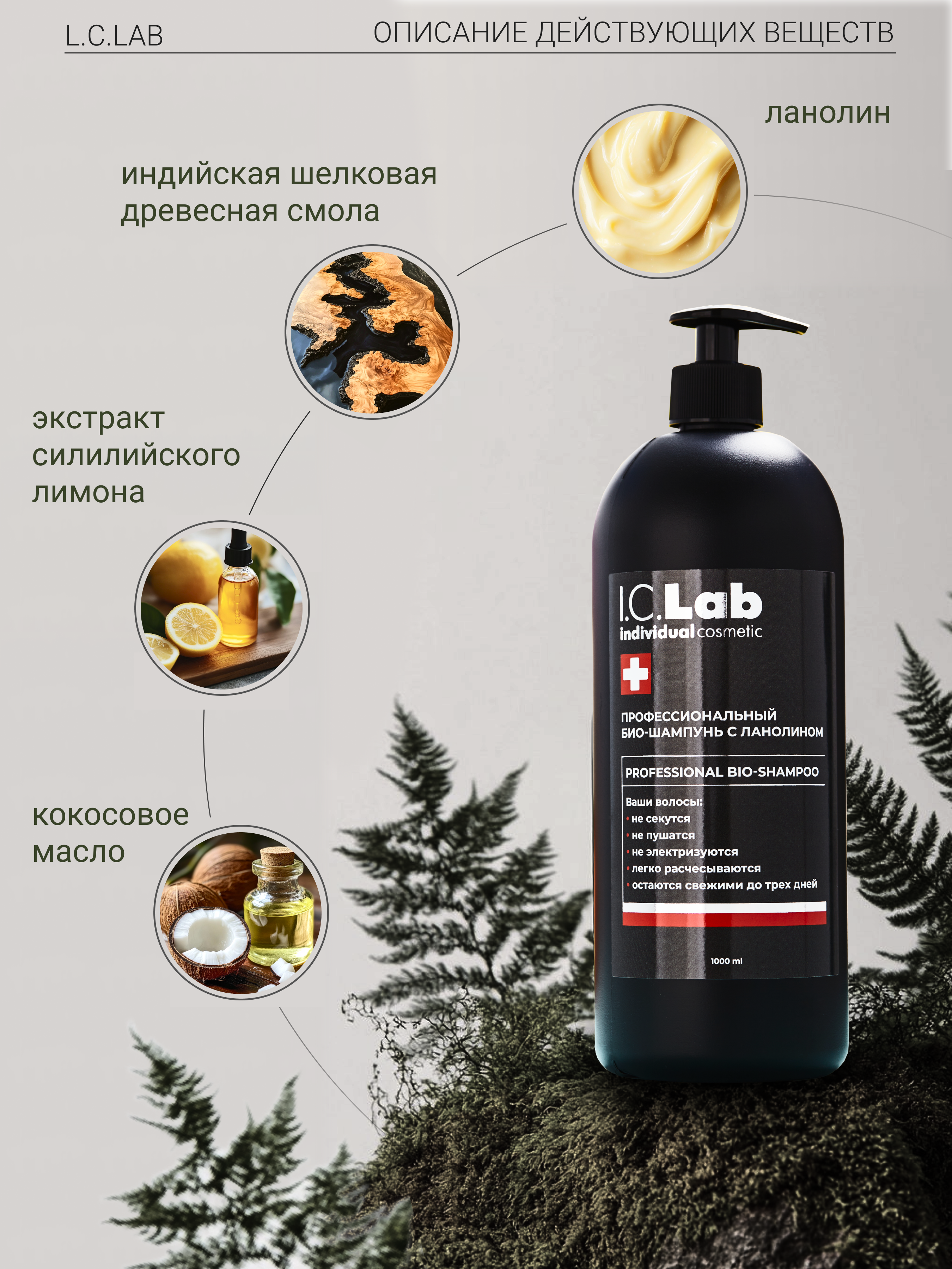 Шампунь I.C.Lab Individual cosmetic Профессиональный с ланолином 1 л мужской и женский - фото 4