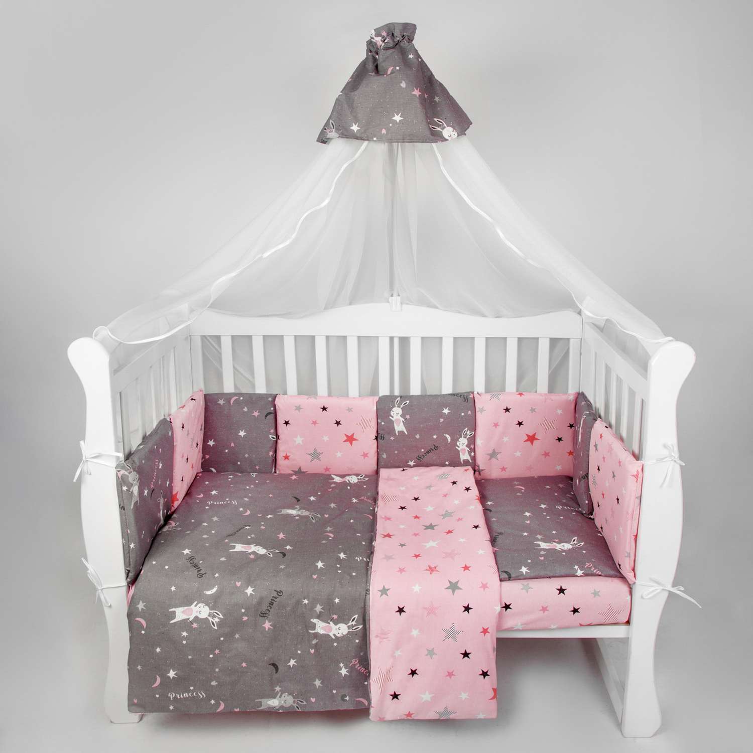 Комплект в кроватку AmaroBaby 15 предметов: 3+12 подушек-бортиков Princess серо-розовый - фото 5