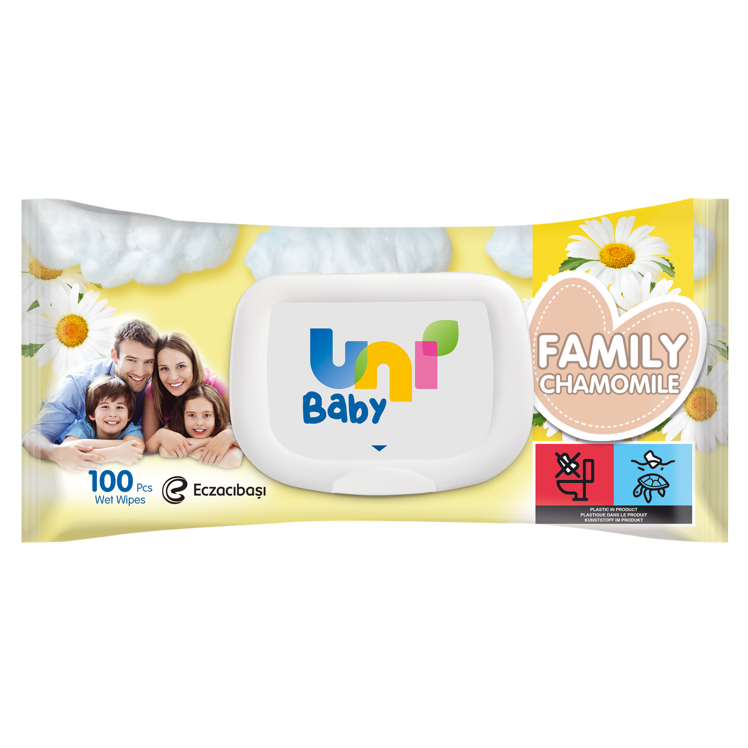 Салфетки влажные Uni Baby Family Chamomile для детей и всей семьи с экстрактом ромашки 100шт - фото 1