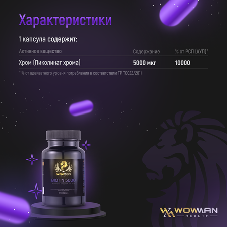 Биотин 5000 мкг WowMan для волос кожи и ногтей Biotin 60 капсул