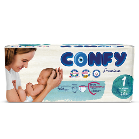 Подгузники CONFY детские Premium NewBorn 2-5 кг размер 1 44 шт