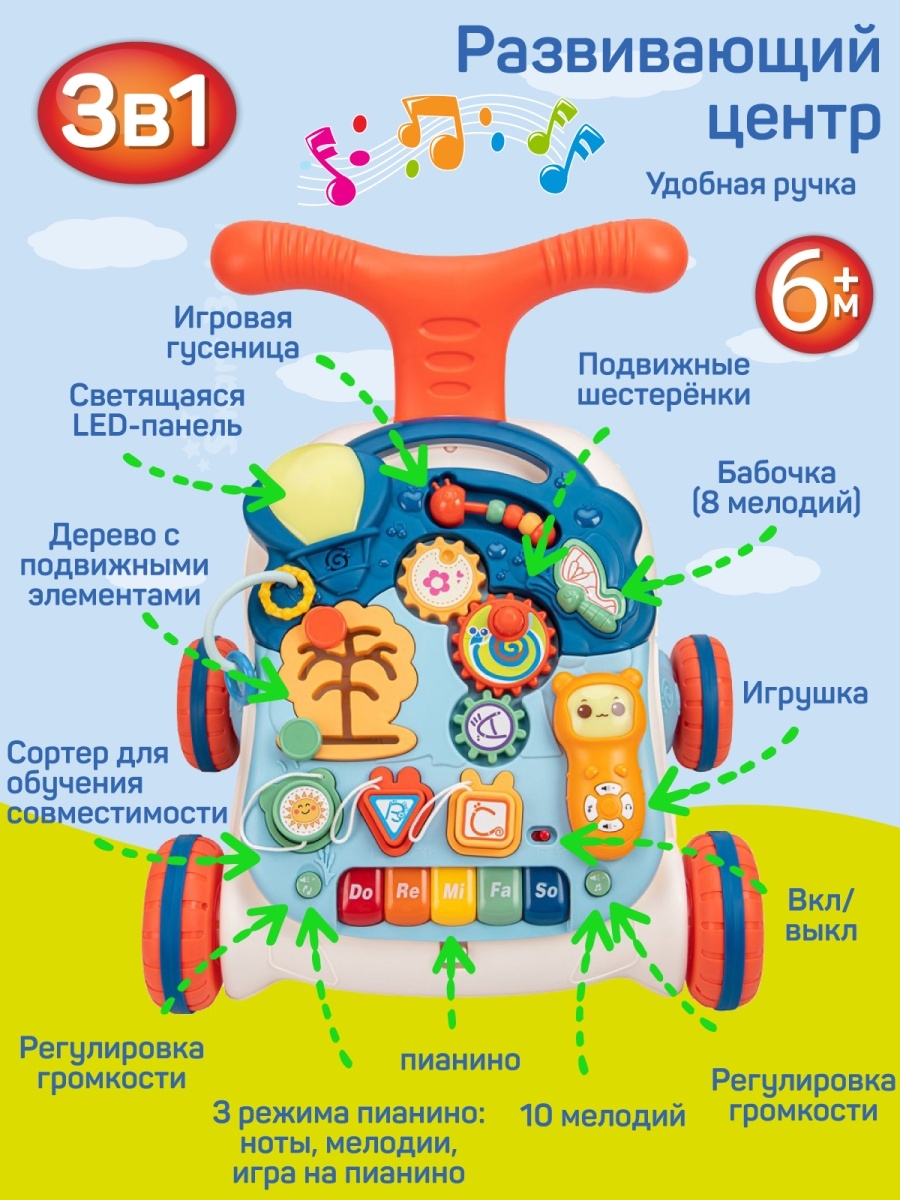 Ходунки детские ДЖАМБО Развивающий столик 3 в 1 свет звук купить по цене  4734 ₽ в интернет-магазине Детский мир