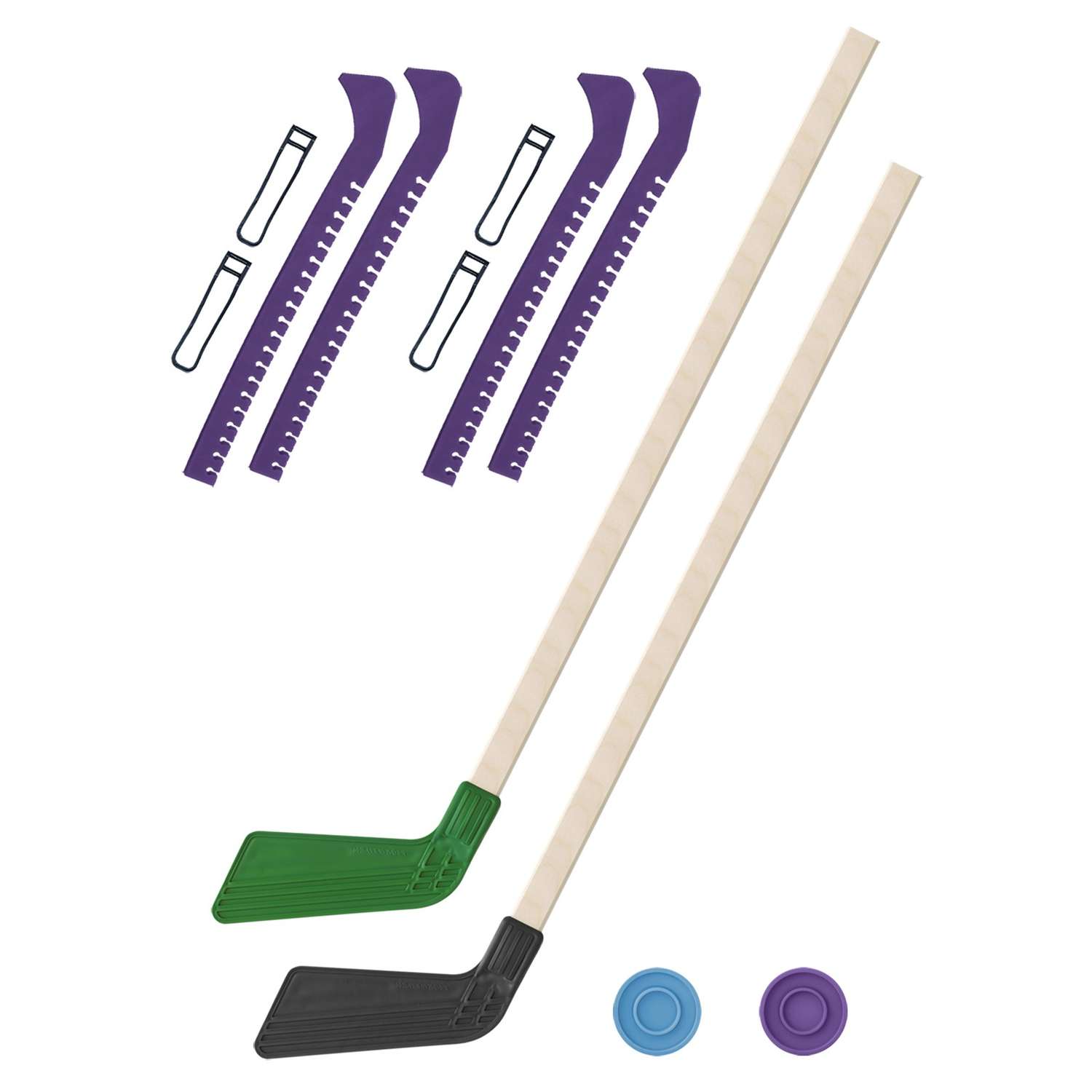 Набор для хоккея Задира Клюшка хоккейная детская 2 шт + шайбы 2 шт + Чехлы для коньков фиолетовые 2 шт - фото 1