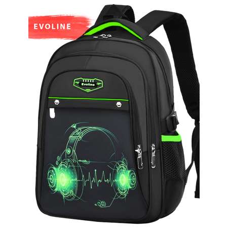 Рюкзак школьный Evoline Черный зеленые наушники 41см спинка BEVO-headph-2