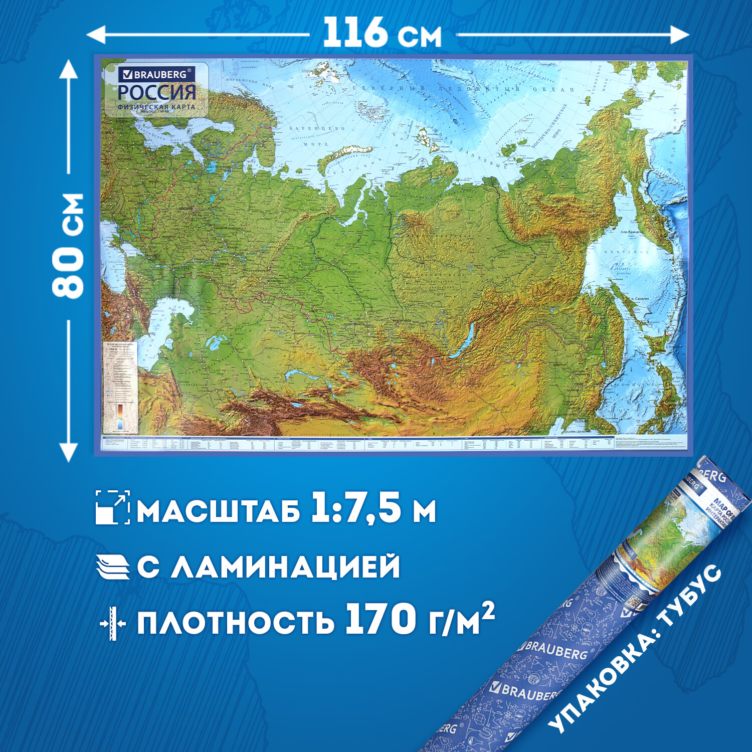 Карта России физическая Brauberg на стену интерактивная 116х80 см 1:7.5М - фото 2