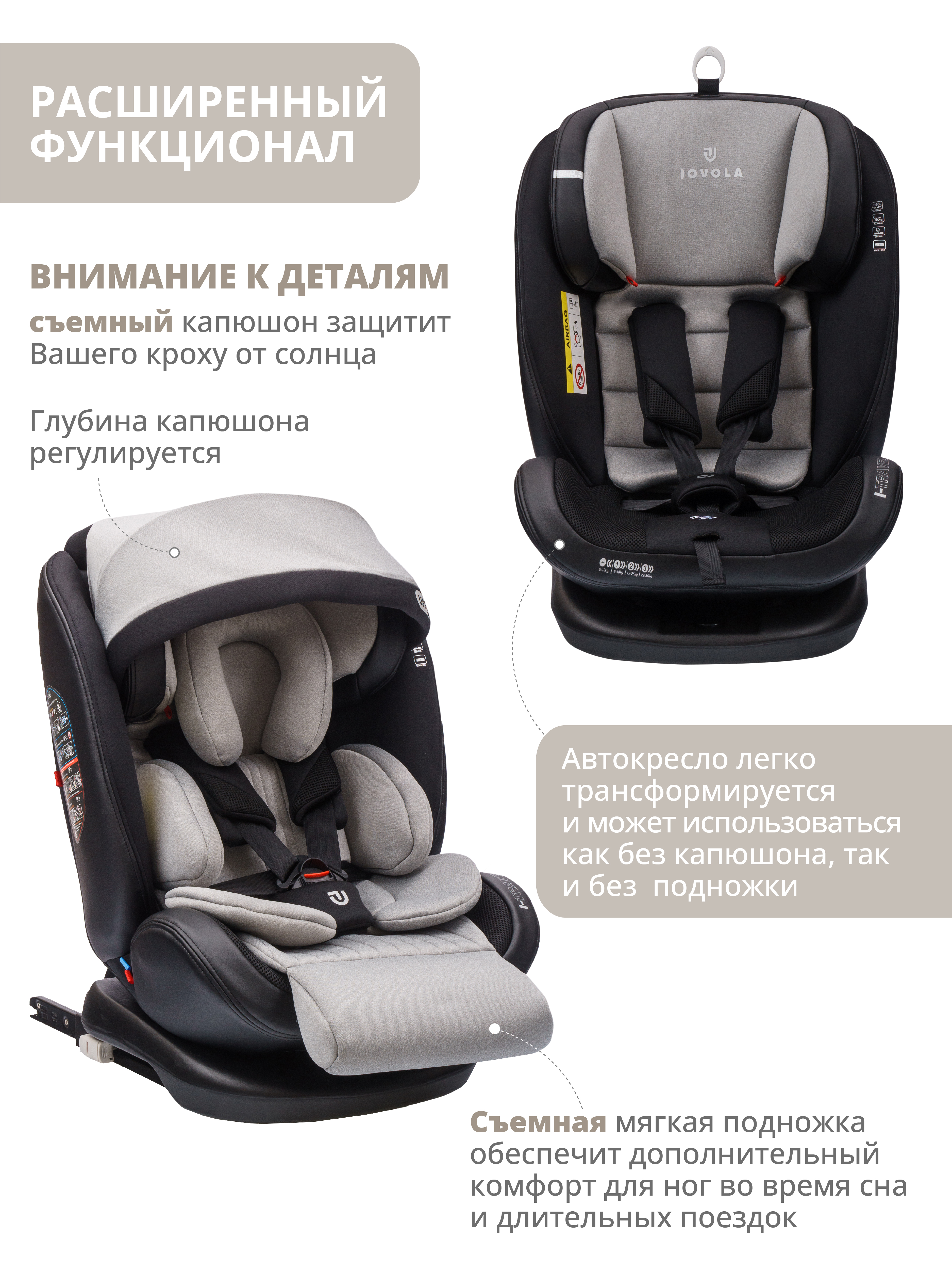 Автокресло JOVOLA I-TRAVEL ISOFIX группа 0+1+2+3 (0-36 кг) черный-св.серый - фото 7