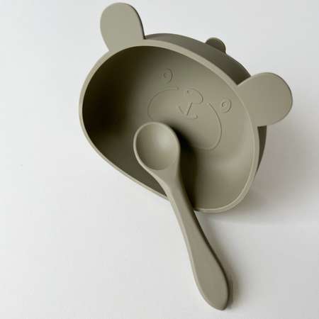 Набор посуды Croobie тарелка на присоске с ложкой Мишка Хаки