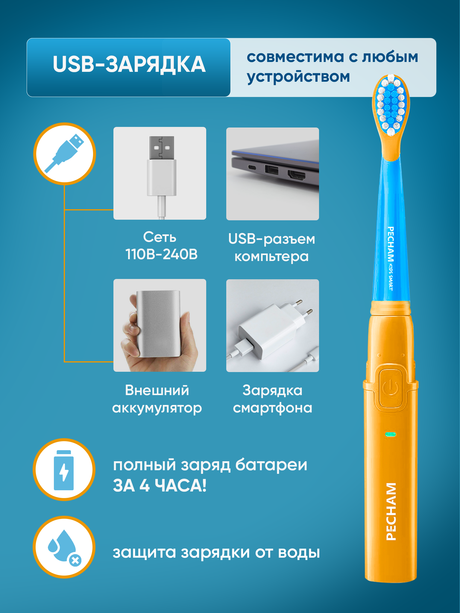 Электрическая зубная щетка PECHAM детская Kids Smart Blue - фото 2