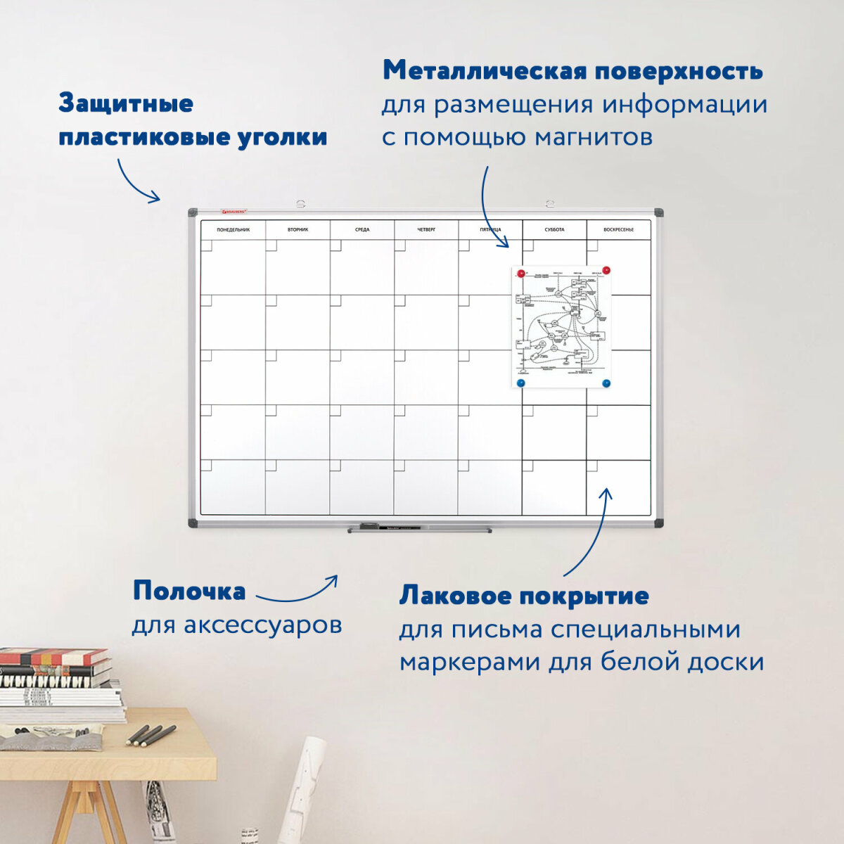 Доска демонстрационная Brauberg планинг на месяц магнитно-маркерный на стену для офиса и дома 60х90 см - фото 3