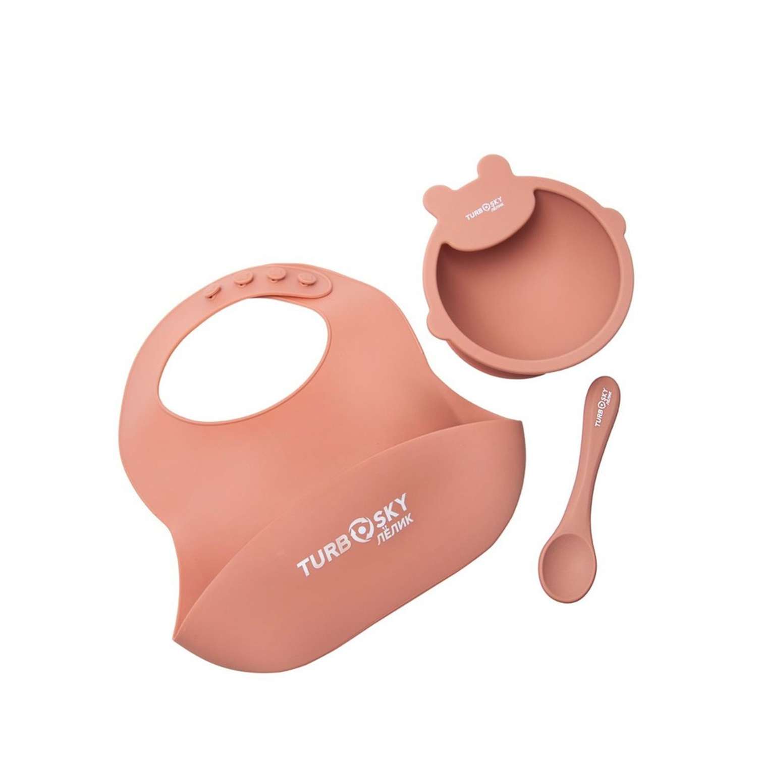 Набор для кормления Turbosky чаша с ложкой и слюнявчик розовый - фото 1