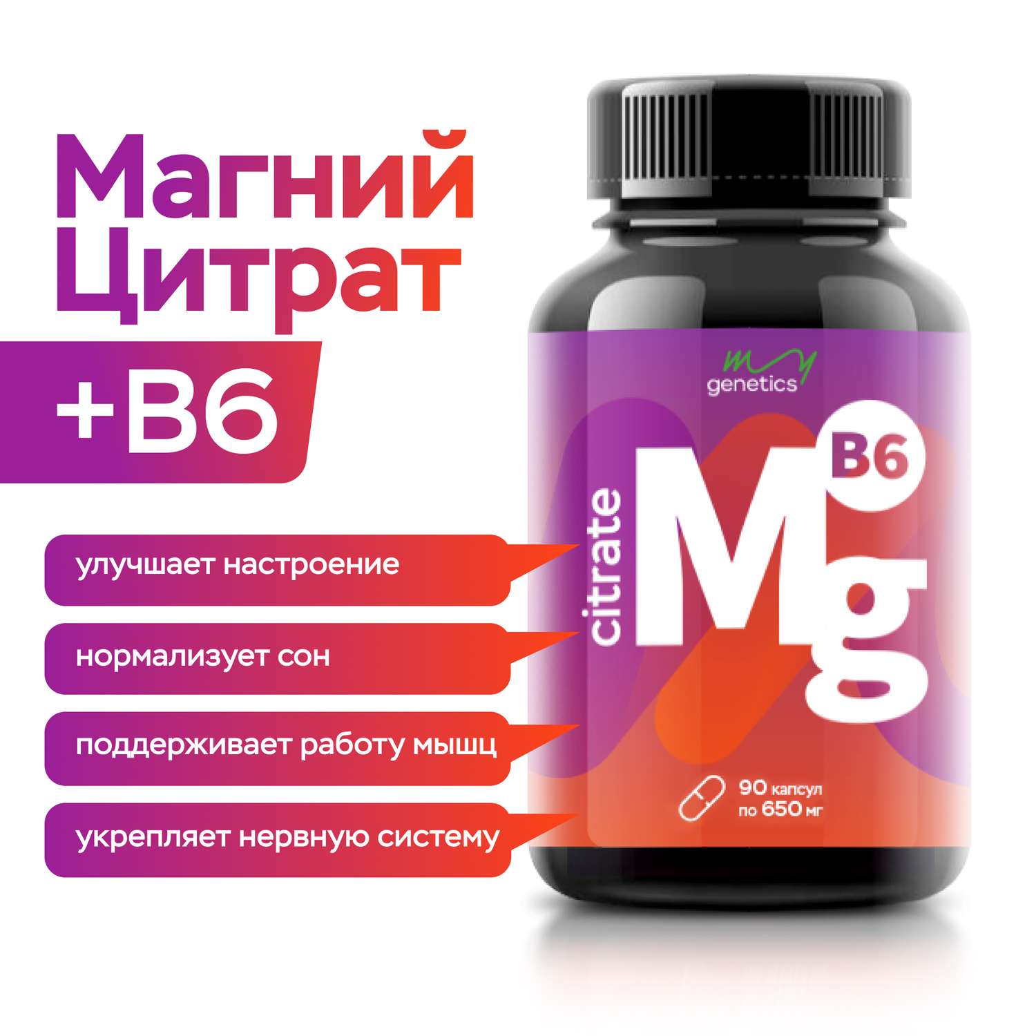 БАД MyGenetics Магний цитрат с витамином В6 650 мг + 1.5 мг 90 капсул - фото 2