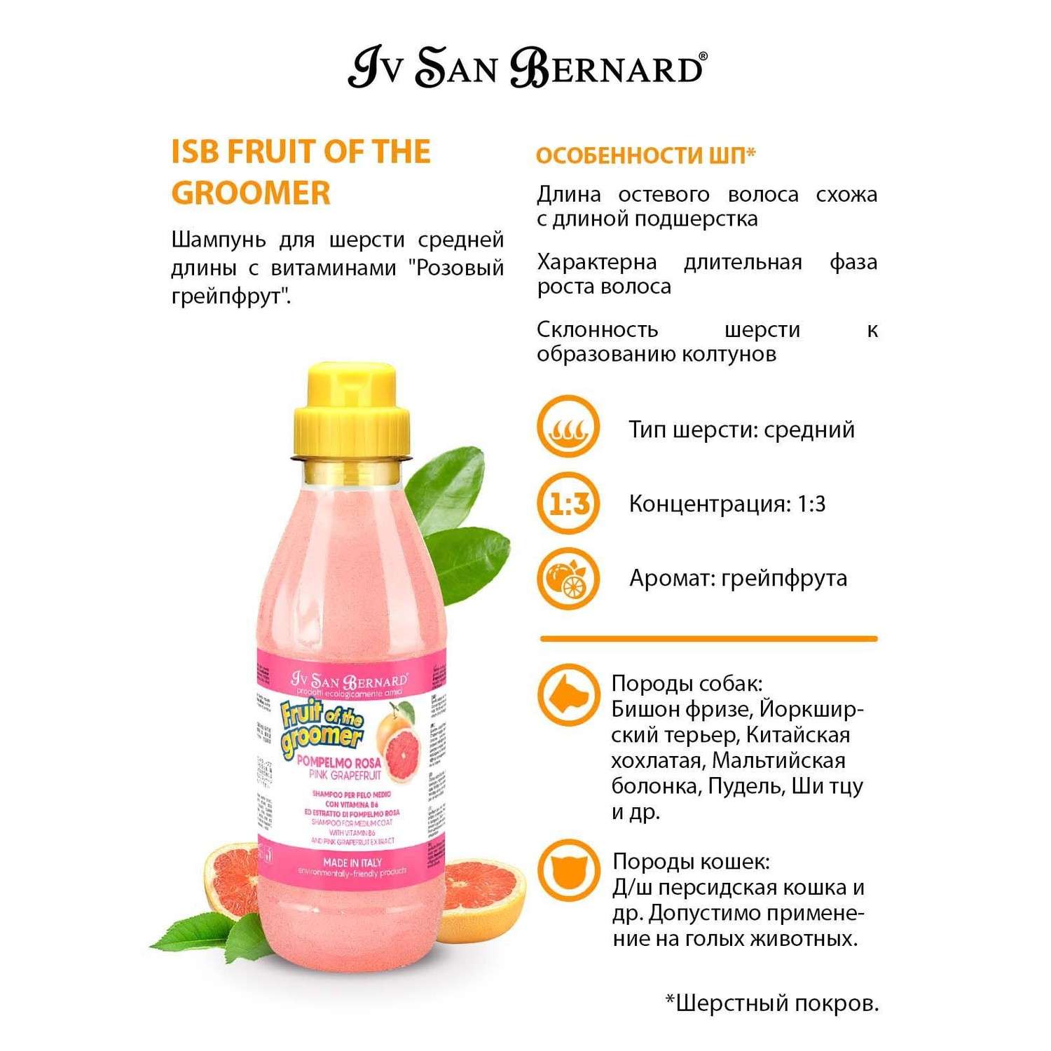 Шампунь для кошек и собак Iv San Bernard Fruit of the Groomer Pink Grapefruit для шерсти средней длины с витаминами 500мл - фото 3