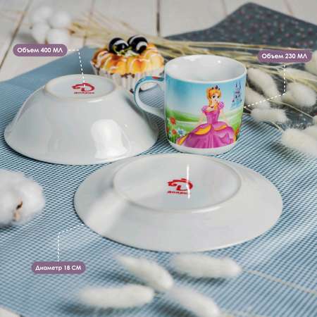 Набор детской посуды Доляна из керамики «Волшебница» 3 предмета: кружка 230 мл миска 400 мл тарелка d=18 см