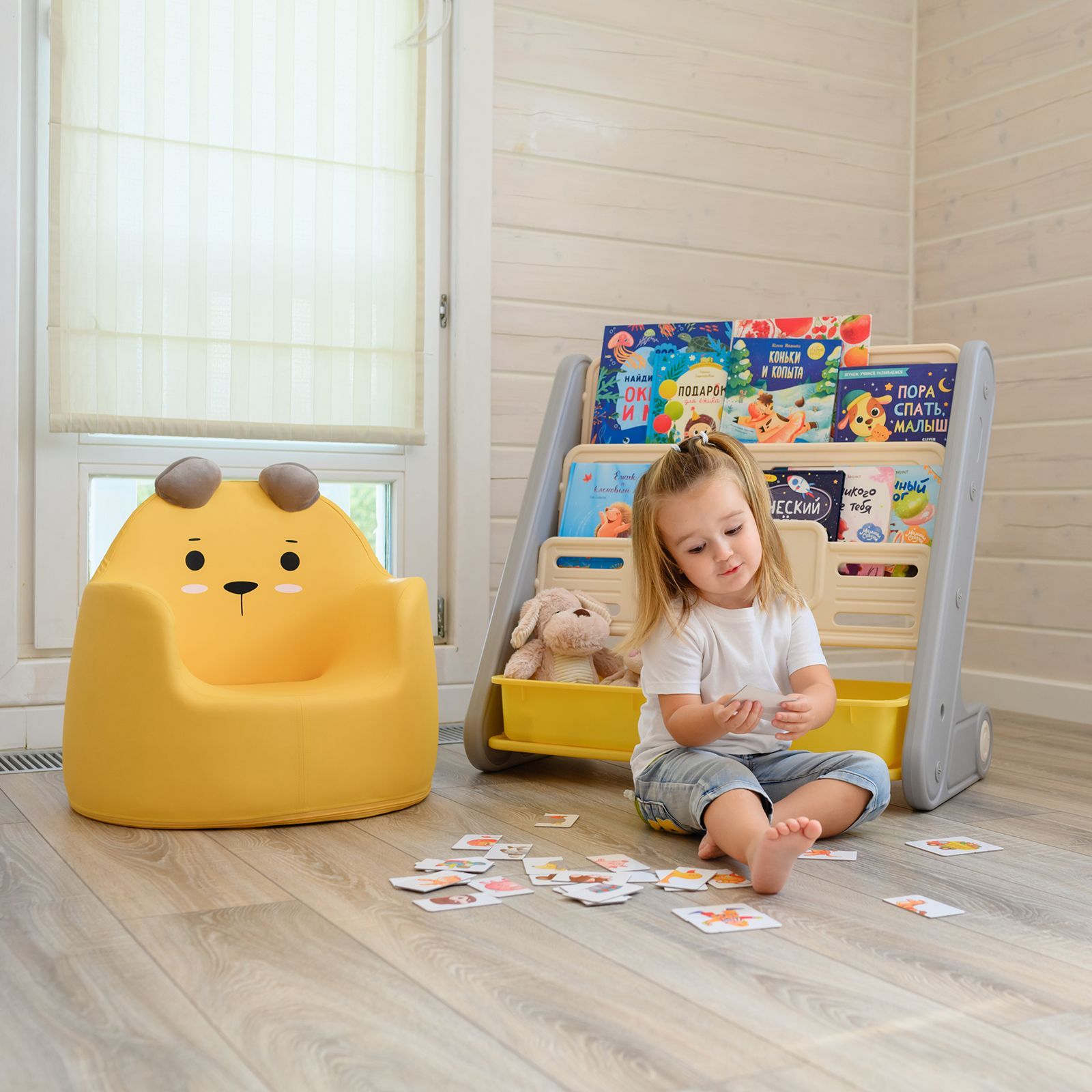 Стеллаж для книг UNIX Kids Yellow для хранения игрушек детский из пластика 2 полки + 2 ящика - фото 15