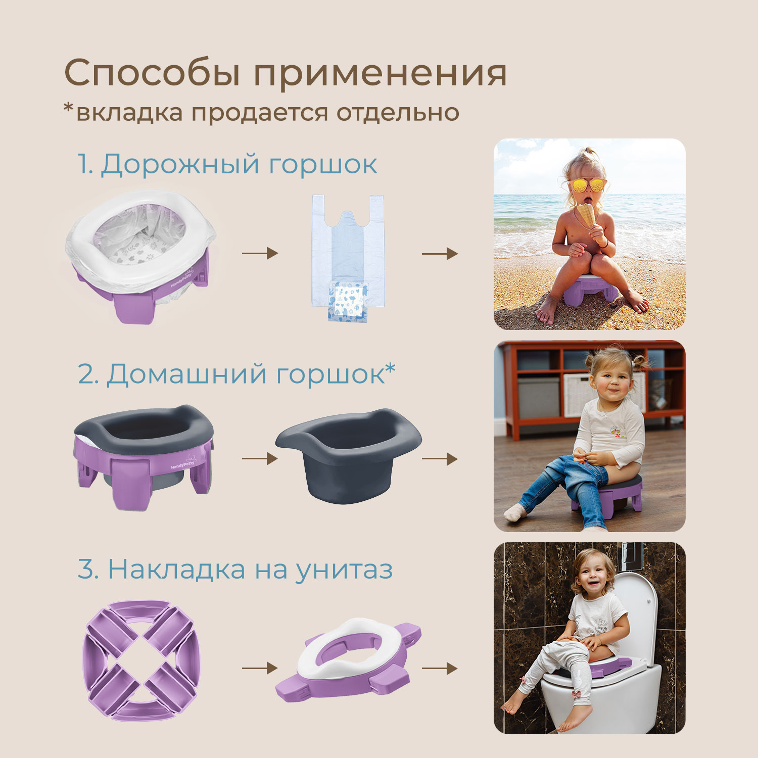 Горшок дорожный ROXY-KIDS складной и насадка на унитаз HandyPotty с тремя пакетами цвет сиреневый - фото 5