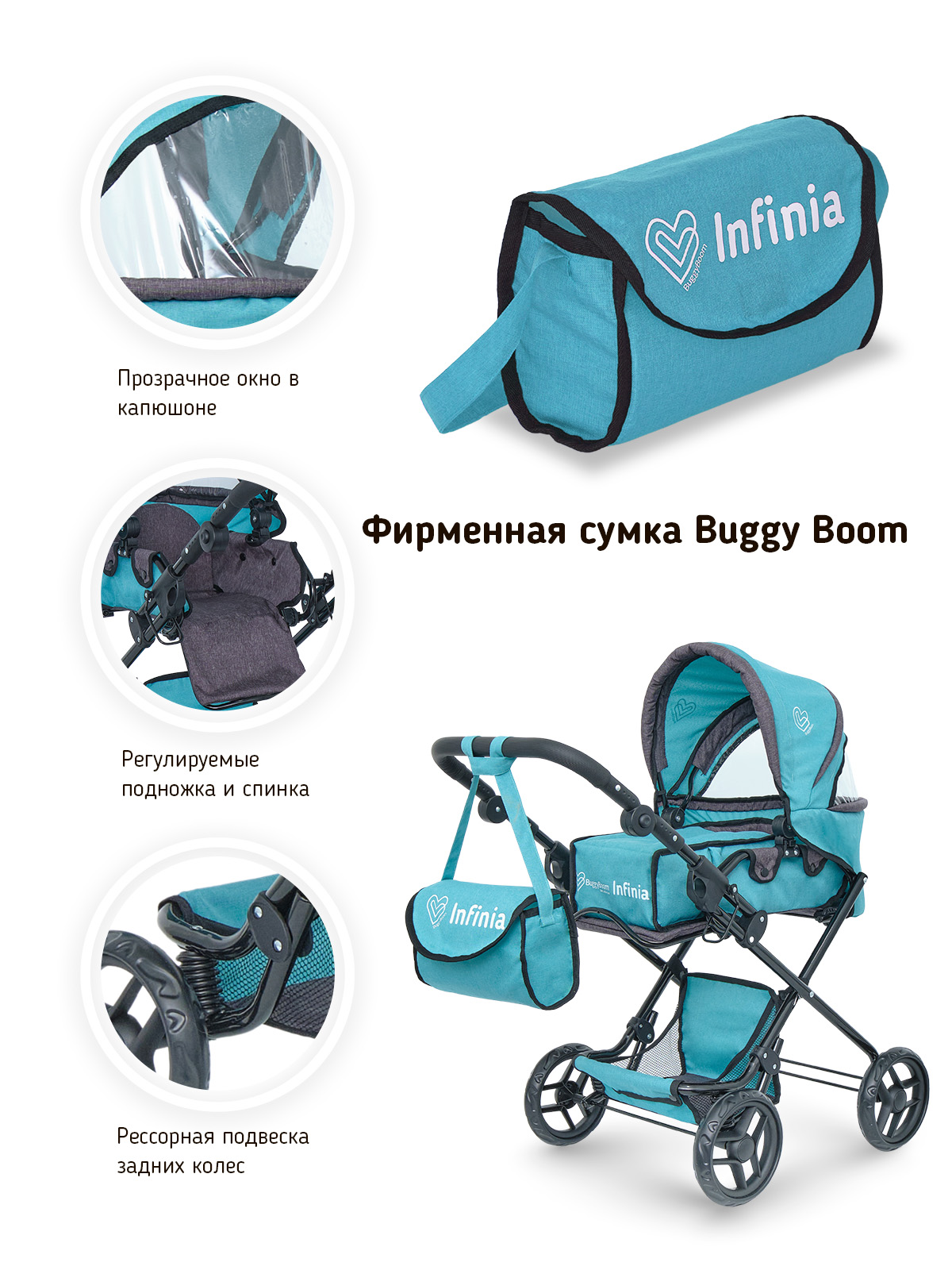 Коляска для кукол трансформер Buggy Boom с сумкой и люлькой бирюзовая 8456-2111 - фото 6