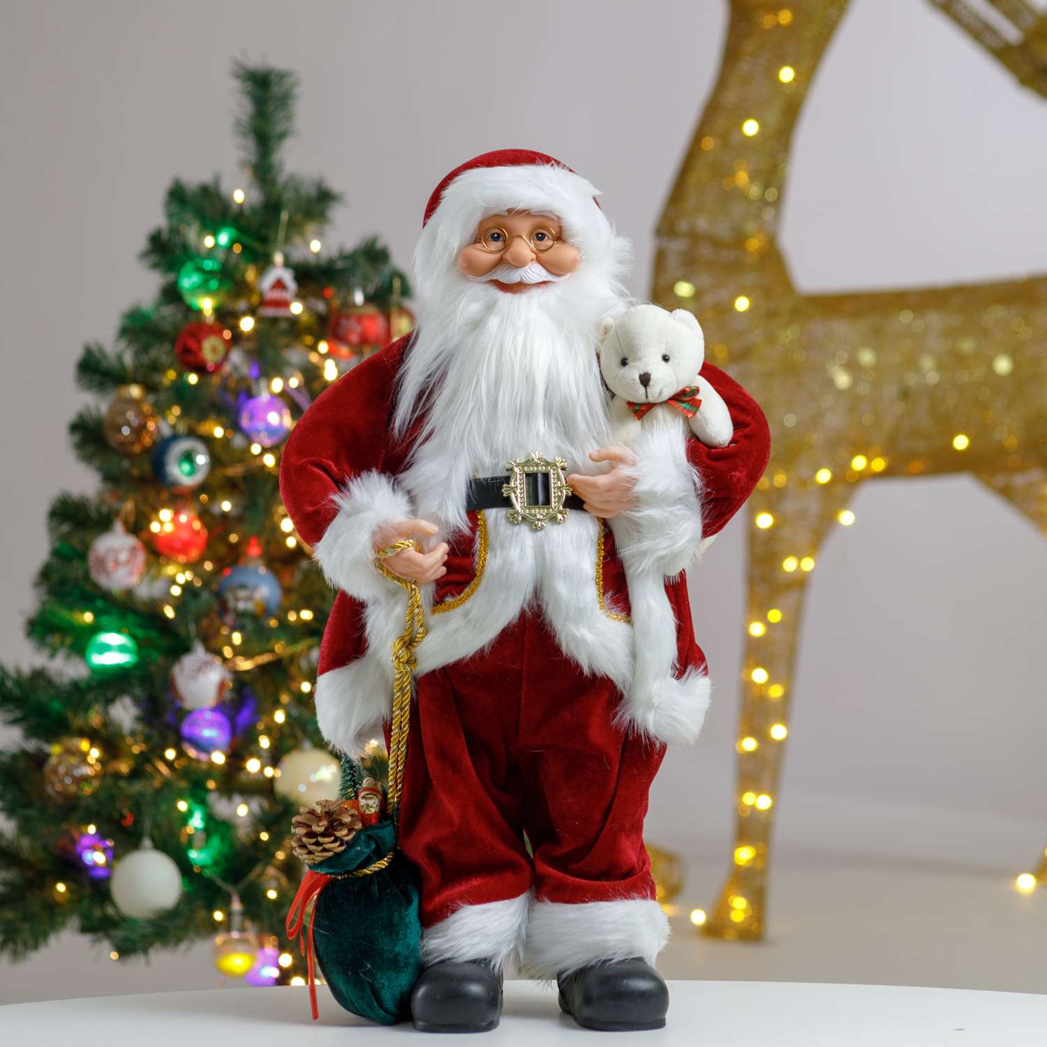 Фигура декоративная BABY STYLE Дед Мороз в бордовом костюме с белым орнаментом с мишкой и мешком подарков 60 см - фото 1
