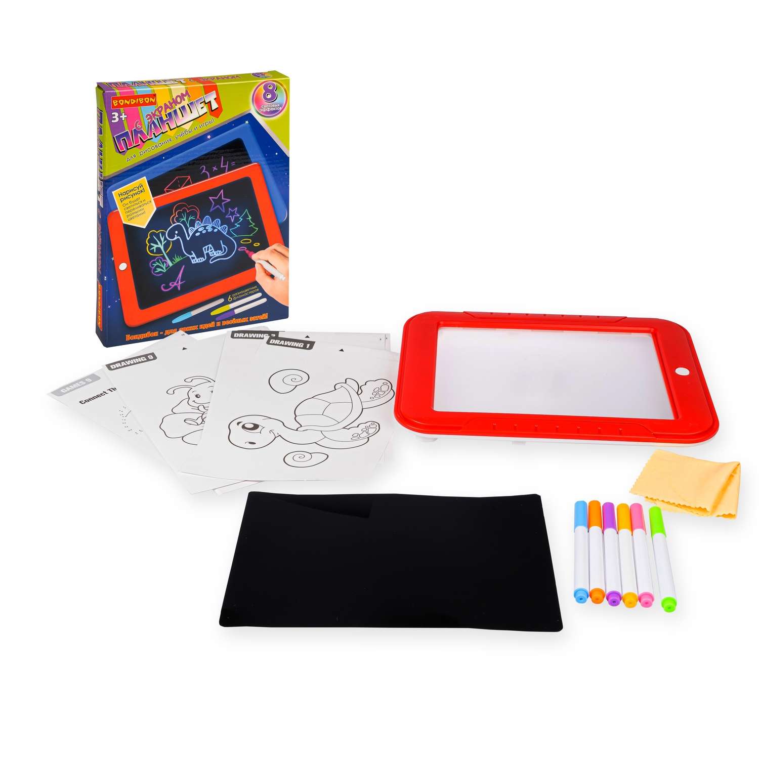 Планшет для рисования BONDIBON с экраном и подсветкой 6 фломастеров и обучающие карточки красного цвета - фото 5
