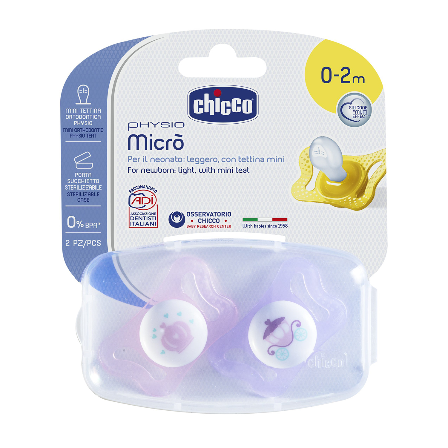 Пустышка Chicco Physio Micro 0-2 мес. для принцесс корона и карета 2 шт силиконовая - фото 1