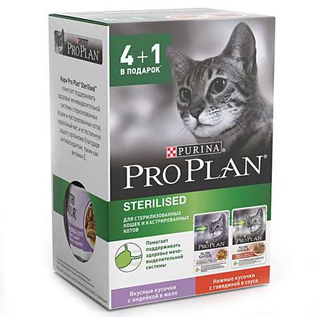 Корм влажный для кошек PRO PLAN 85г*5шт индейка и говядина в желе стерилизованных