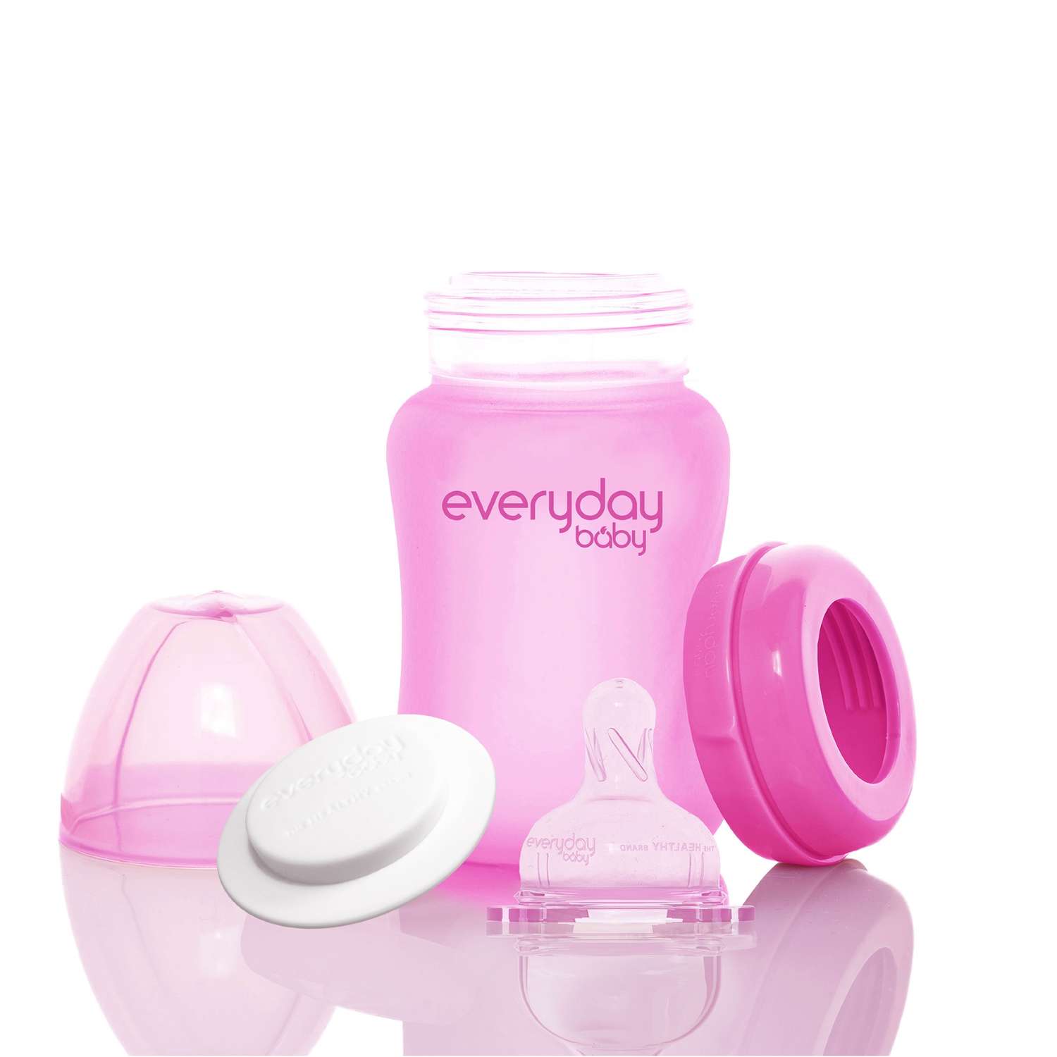 Бутылочка Everyday Baby Healthy стеклянная с индикатором температуры и силиконовым покрытием 150 мл розовый - фото 2