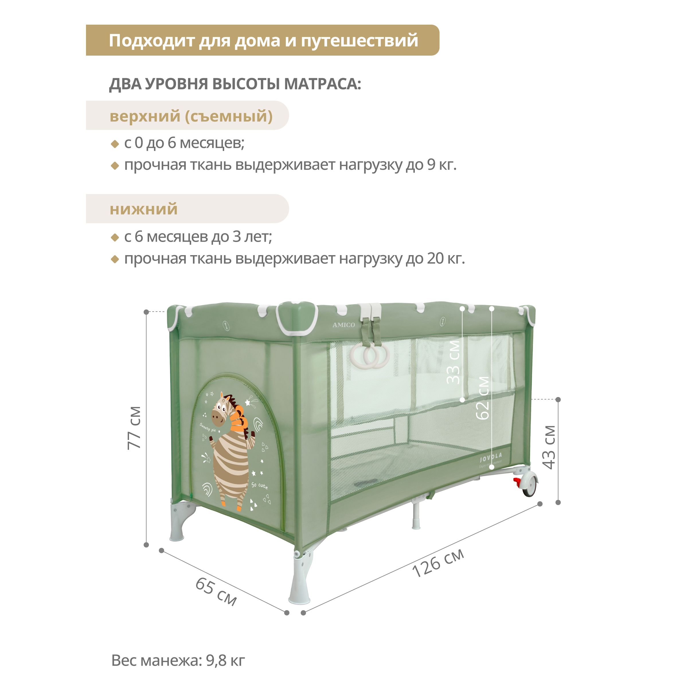 Манеж кровать детский JOVOLA AMICO 2 уровня москитная сетка 2 кольца зеленый 4657792380429 - фото 3