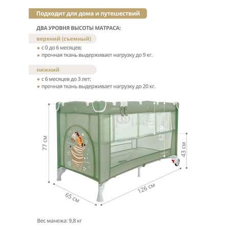 Манеж кровать детский JOVOLA AMICO 2 уровня москитная сетка 2 кольца зеленый