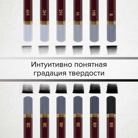 Карандаши простые Brauberg чернографитные художественные разной твердости 4H-8B набор 12 штук