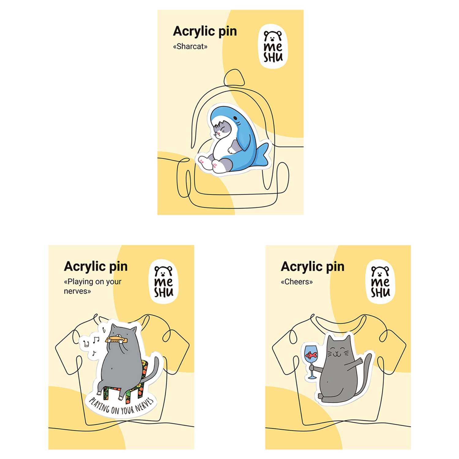 Набор акриловых значков Meshu Gray cats прямая УФ-печать 3 шт - фото 1