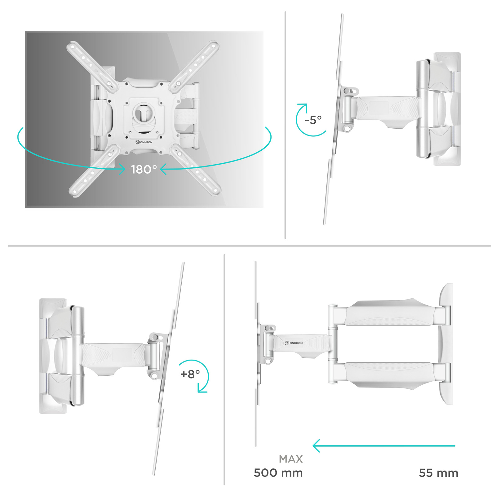 Кронштейн настенный ONKRON M4 для телевизора 32-65 наклонно-поворотный белый - фото 3