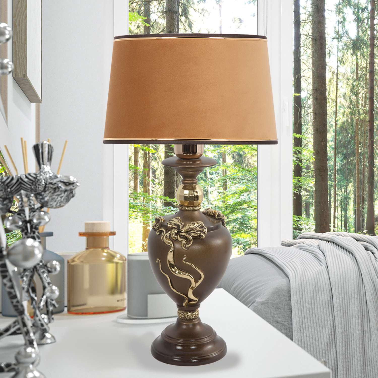 Светильник настольный BOGACHO Флер де Лис бронзовый с абажуром коричневого цвета - фото 4