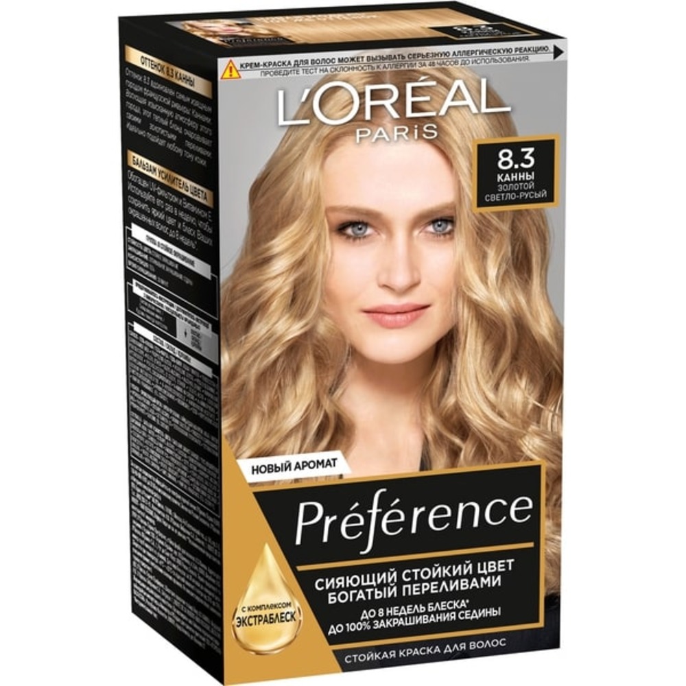 Краска для волос LOREAL Preference оттенок 8.3 Канны Золотой Светло-Русый  купить по цене 771 ₽ в интернет-магазине Детский мир