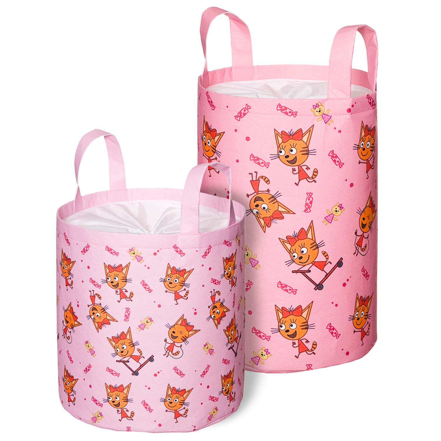Корзина для хранения Три кота с затяжкой и ручками на розовом 33х50 см полиэстер - фото 2