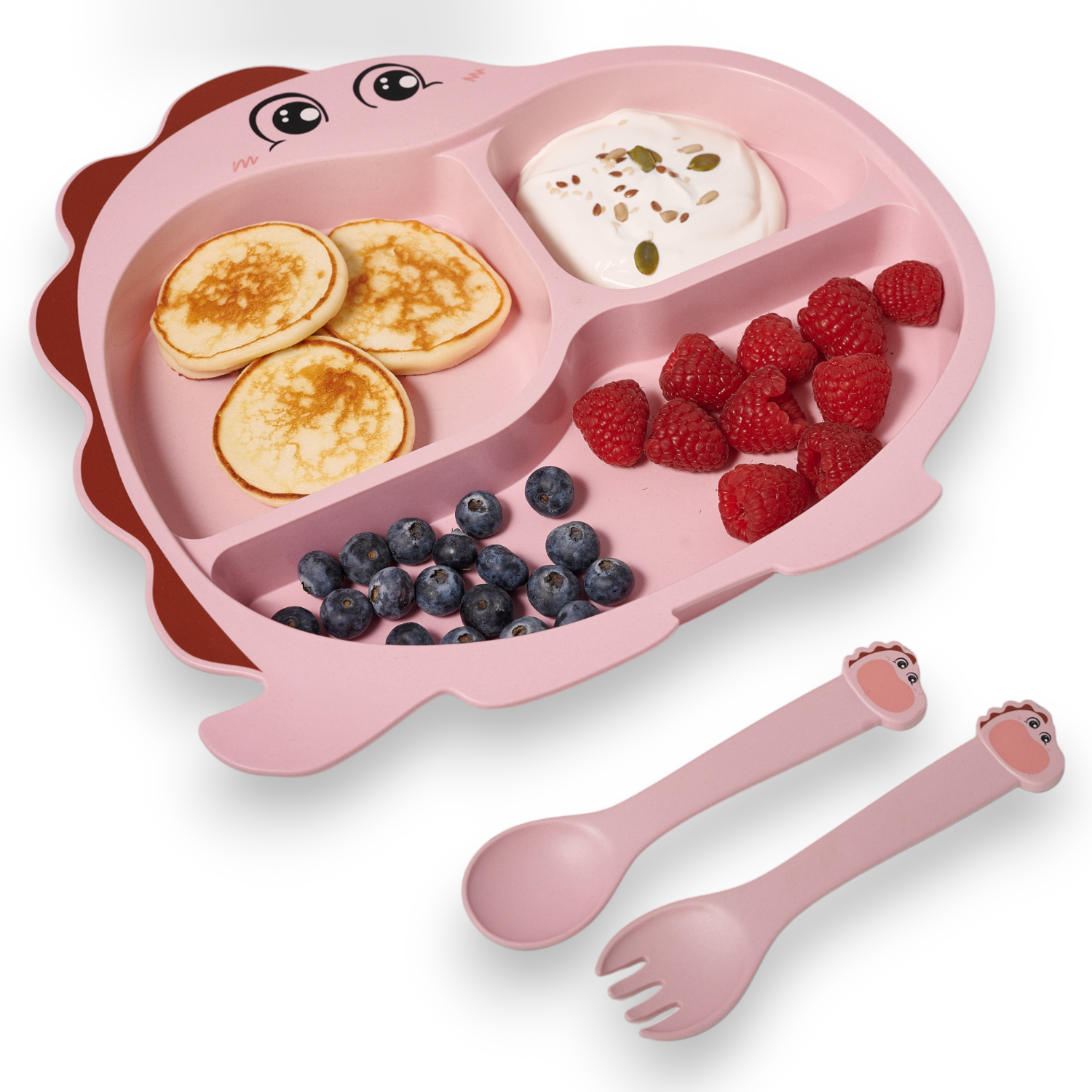 Набор детской посуды Добрый Филин Тарелка вилка ложка Динозаврик розовый 4 предмета - фото 1