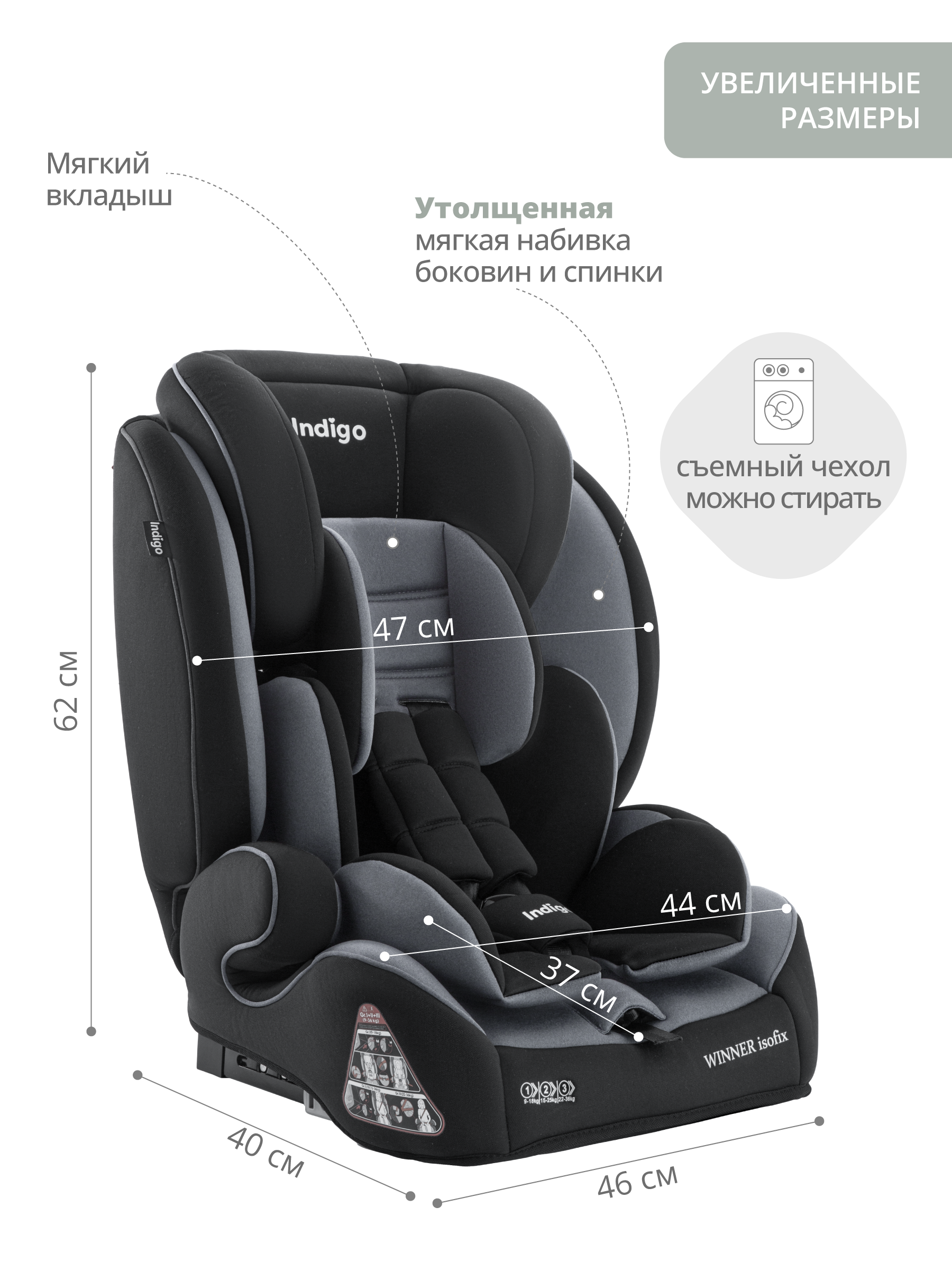 Автокресло бустер детское Indigo Winner isofix 9-36 кг группа 1/2/3 черный серый - фото 2