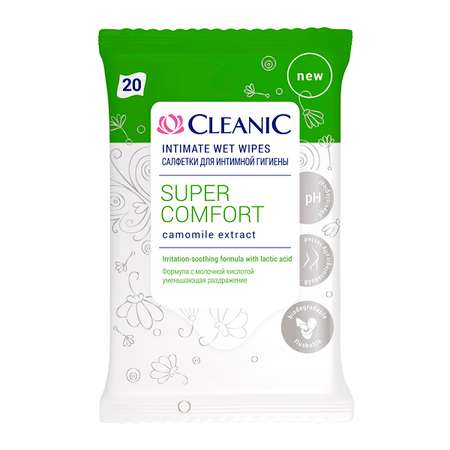 Влажные салфетки Cleanic для интимной гигиены c экстрактом ромашки Super Comfort 10шт