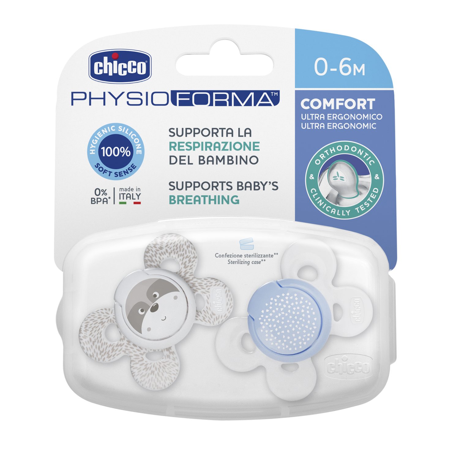 Пустышка CHICCO Physio Comfort 2шт 0-6мес силикон Blue рисунок енот горошек - фото 1