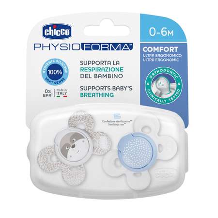 Пустышка CHICCO Physio Comfort 2шт 0-6мес силикон Blue рисунок енот горошек