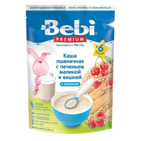 Каша молочная Bebi Premium пшеничная печенье-малина-вишня 200г с 6месяцев