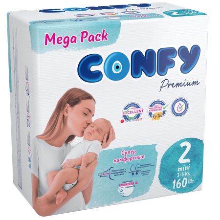 Подгузники детские CONFY Premium Mini размер 2 3-6 кг Mega упаковка 160 шт CONFY