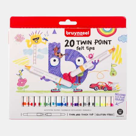 Набор фломастеров BRUYNZEEL Kids Twin Point средний/тонкий наконечник 20 цветов в картонной упаковке