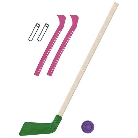 Набор для хоккея Задира Клюшка хоккейная детская зелёная 80 см + шайба + Чехлы для коньков розовые