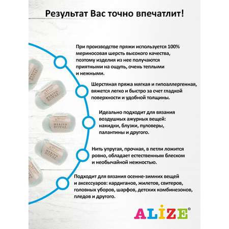 Пряжа Alize для теплой одежды пледов Merino Royal 50 г 100 м 100% шерсть 10 мотков 522 мята