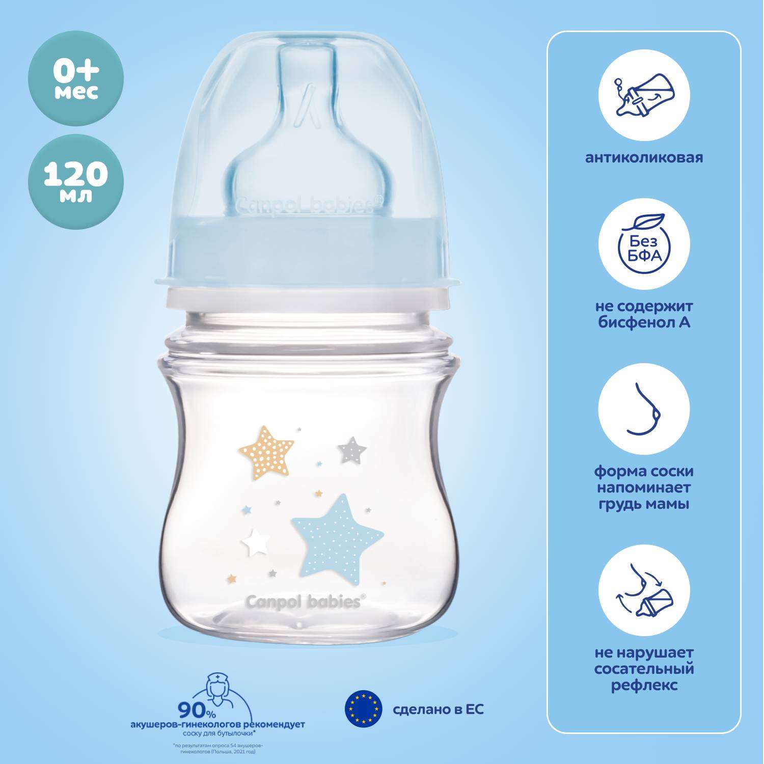 Бутылочка Canpol Babies Newborn baby EasyStart с широким горлышком антиколиковая 120мл с 0месяцев Голубая - фото 1
