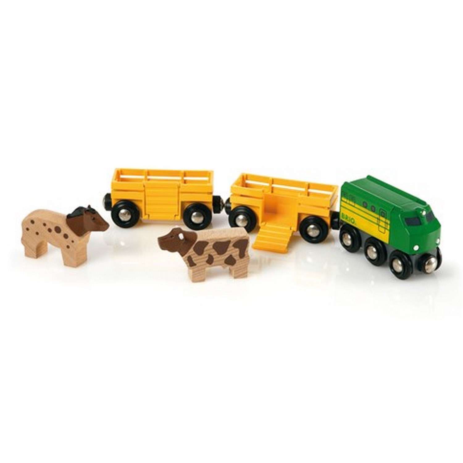 Железная дорога деревянная BRIO 3 грузовых вагона с животными 5 элементов - фото 1