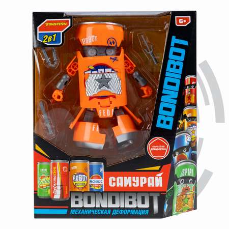 Трансформер BONDIBON BONDIBOT 2 в 1 банка - робот Самурай с оружием оранжевого цвета