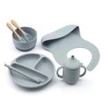 Набор посуды PlayKid для кормления силиконовый 8 предметов серо-голубой