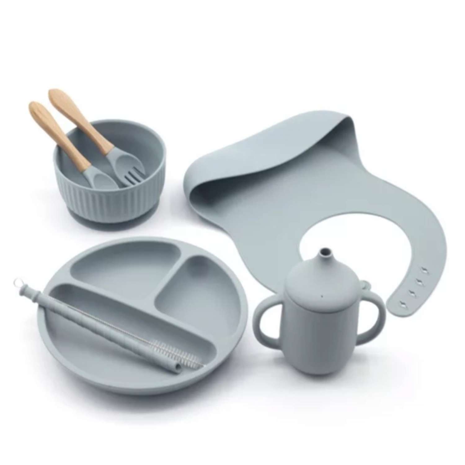 Набор посуды PlayKid для кормления силиконовый 8 предметов серо-голубой - фото 1